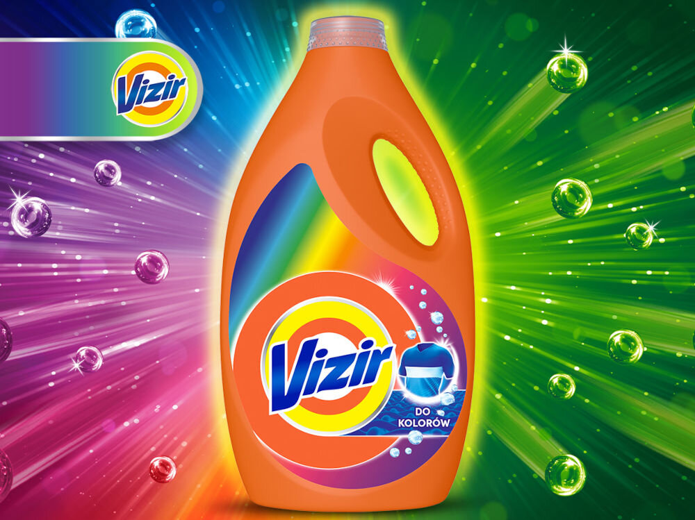 Płyn do prania VIZIR Color 3600 ml do kolorowych tkanin Pomarańczowa butelka płynu do prania Vizir Do Kolorów na tle kolorowych promieni i bąbelków