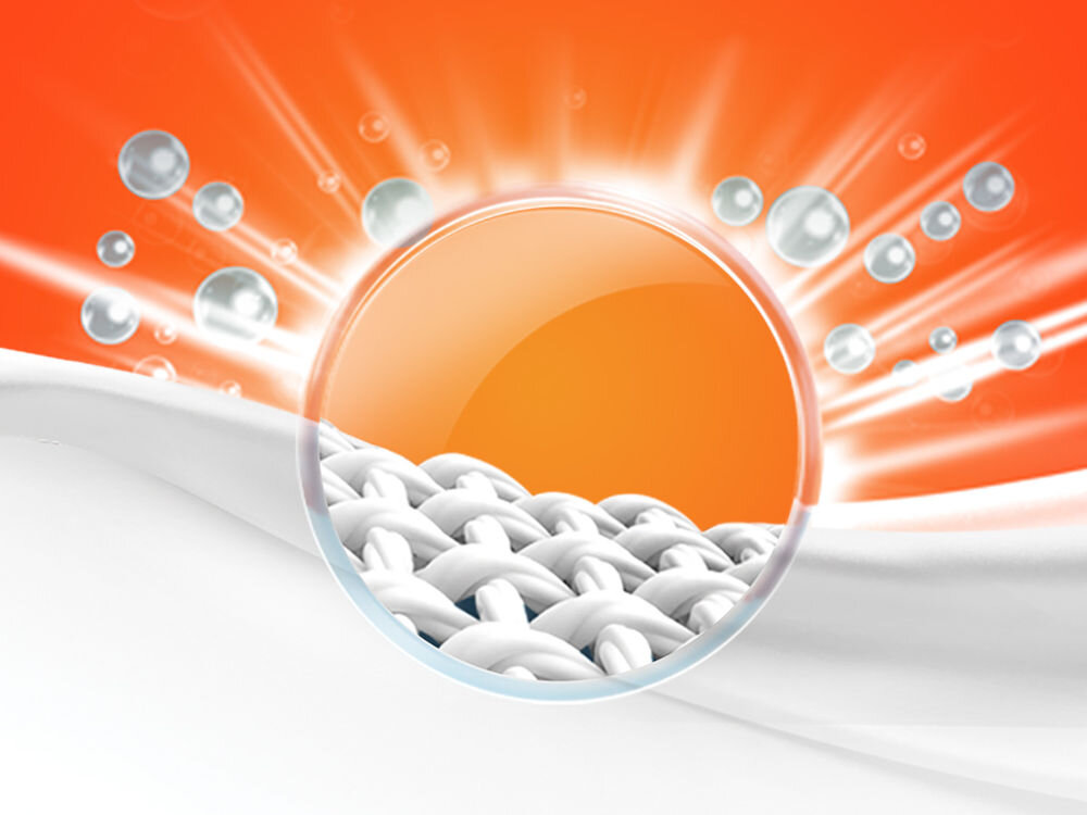 Kapsułki do prania VIZIR All In 1 Pods Alpejska świeżość  - 50 szt. Zbliżenie na czyste, białe włókna tkaniny pod szkłem powiększającym na słonecznym, pomarańczowym tle.