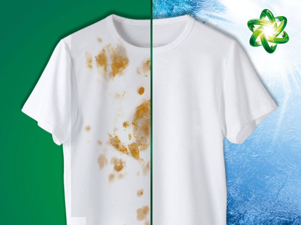 Żel do prania ARIEL Touch of Lenor Fresh Air 2250 ml Uniwersalny Porównanie skuteczności prania: biała koszulka z brudnymi plamami po lewej i czysta, śnieżnobiała koszulka po prawej