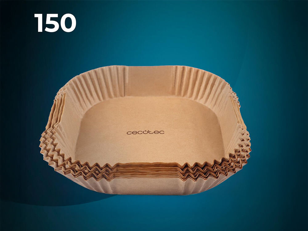 Foremki papierowe CECOTEC Cecofry Paper Pack do Air Fryer 20-24 cm (150 sztuk) granatowe tło kwadratowa papierowa foremka wymiary aż 150 kwadratowych arkuszy 20 x 24 cm wysokość 4,5 cm duża ilość dopasowuje się do formy urządzeń zapas wygoda użytkowania bez zbędnych przygotowań