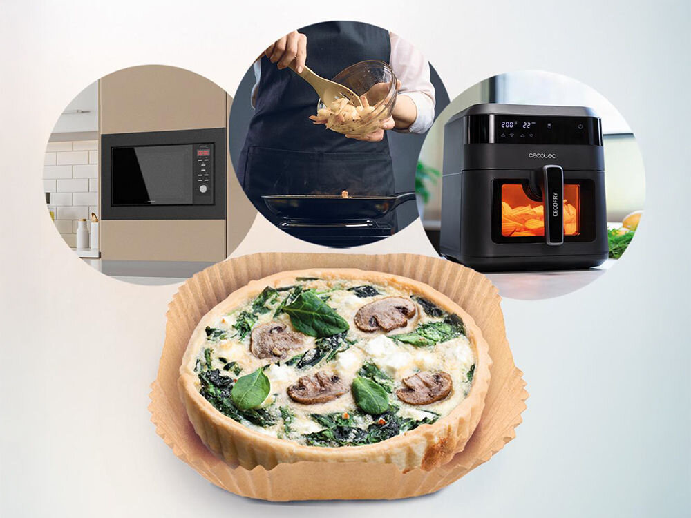 Foremki papierowe CECOTEC Cecofry Paper Pack Accessories S do Air Fryer 16-20 cm (150 sztuk) jasne tło pokazany piekarnik patelnia frytkownica tarta wewnątrz papierowej foremki dla każdego miłośnika zdrowego gotowania maksymalna funkcjonalność w szerokiej gamie urządzeń kuchennych do frytkownic beztłuszczowych o pojemności od 2 do 5 litrów z patelniami piekarnikami mikrofalówkami uniwersalne zastosowanie wygodne przygotowanie różnorodnych potraw