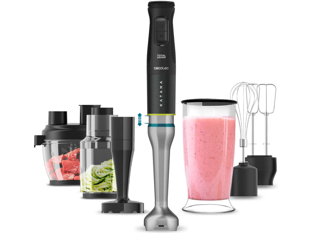 Blender CECOTEC Katana 15 TotalDestroy Full G Screen końcówka do blendowania końcówka do miksowania końcówka do ubijania, szatkownica 600 ml pojemnik z miarką 800 ml spiralizator dokumentacja białe tło