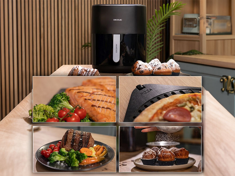 Air Fryer Frytkownica beztłuszczowa CECOTEC CecoFry&Grill Duoheat 6500 3W1 z podwójną grzałką ograniczenie tłuszczu frytkownica czarna obudowa uchwyt poniżej potrawy na talerzach mięso ryby babeczki pizza