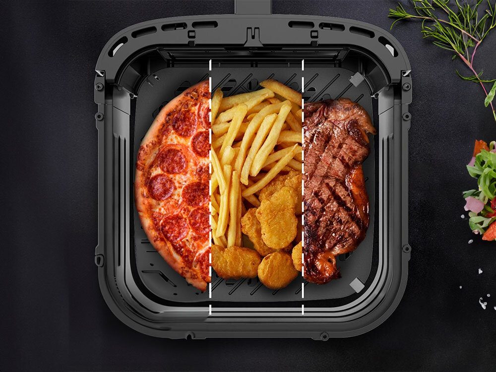 Air Fryer Frytkownica beztłuszczowa CECOTEC CecoFry&Grill Duoheat 6500 3W1 z podwójną grzałką czarny kosz podziałka na pizze frytki i mięso ciemne tło moc 2200 W wymiary 32 x 37,5 x 32 cm funkcja grilla płyty grzewczej frytkownicy beztłuszczowej oszczędność miejsca w kuchni grillowanie mięsa przygotowywanie chrupiących frytek wypiekanie pizzy jedno urządzenie wszechstronność prostota