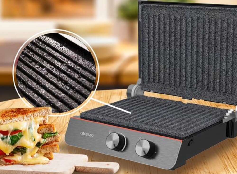 Grill elektryczny CECOTEC RocknGrill Blaze Neon kamienna powłoka Rock Stone, zapobieganie prziwieraniu, łatwe czyszczenie płyt grzewczych, wygodne użytkowanie