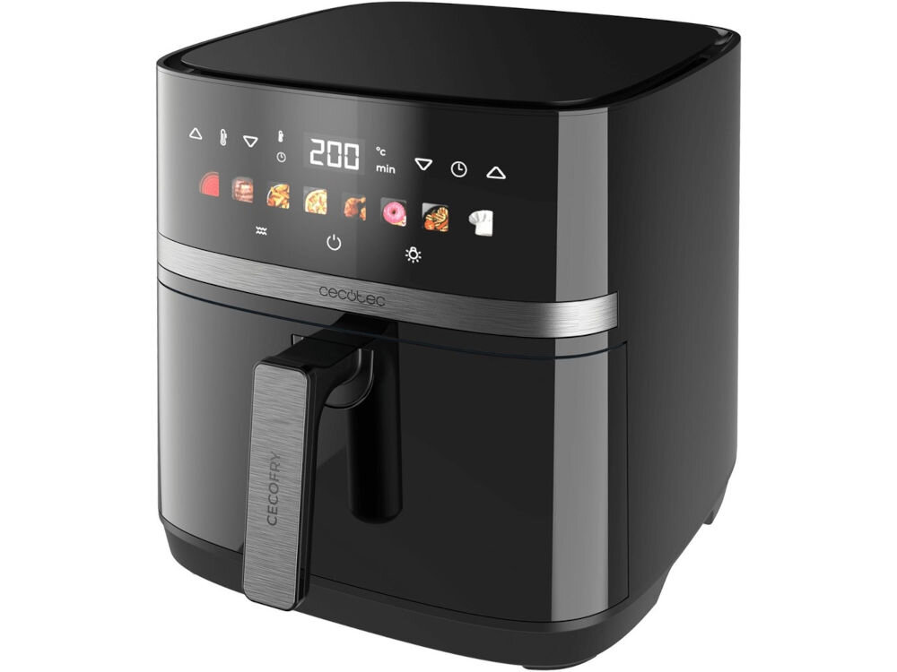 Air Fryer Frytkownica beztłuszczowa CECOTEC Cecofry&Grill Duoheat 8000 frytkownica stojąca bokiem czarna obudowa panel sterowania ilustracje przyciski uchwyt białe tło moc 2200 W wymiary 30,8 x 37 x 32 cm funkcja grilla płyty grzewczej frytkownicy beztłuszczowej oszczędność miejsca w kuchni grillowanie mięsa przygotowywanie chrupiących frytek wypiekanie pizzy jedno urządzenie wszechstronność prostota