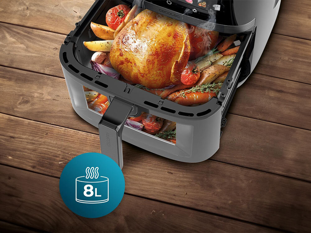 Air Fryer Frytkownica beztłuszczowa CECOTEC Cecofry&Grill Duoheat 8000 otwarty kosz wewnątrz kurczak z warzywami dużą pojemnością – aż 8 litrów większe porcje w jednym cyklu gotowania do gotowania dla rodziny lub przyjaciół oszczędność czasu przygotowanie całych dań ułatwia organizację posiłków