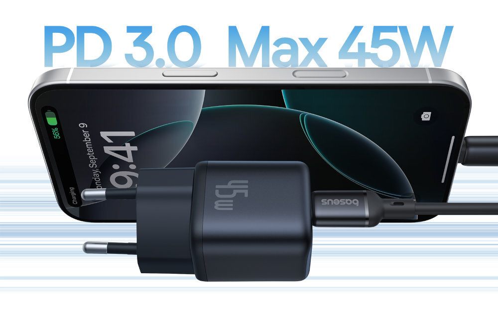 BASEUS PicoGo Gan Fast Charger 45 W technologie szybkiego ładowania Power Delivery Quick Charge iPhone 14 Pro do 50% 30 minut