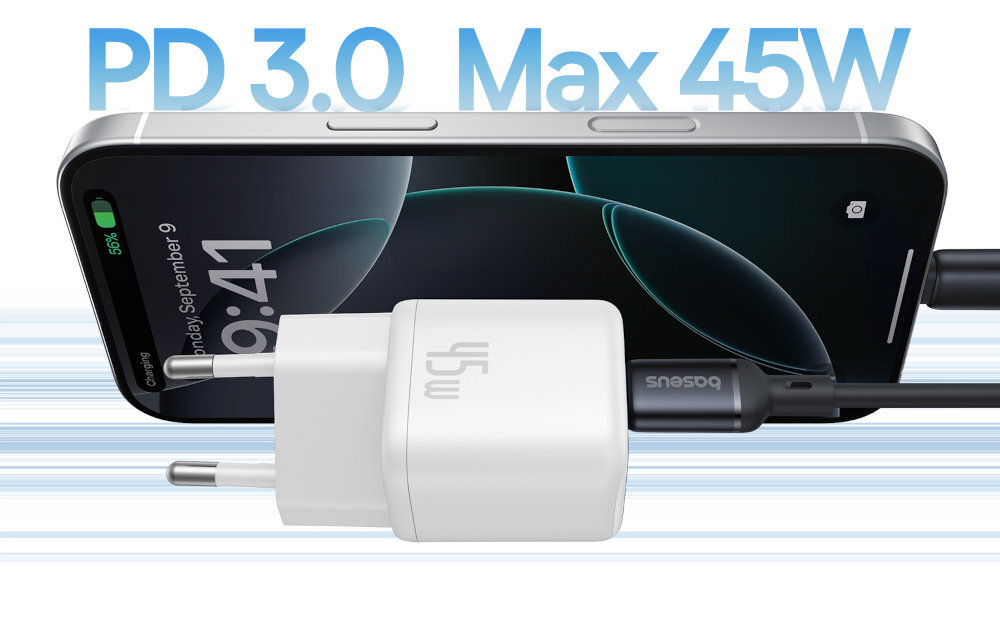 BASEUS PicoGo Gan Fast Charger 45W technologie szybkiego ładowania Power Delivery Quick Charge iPhone 14 Pro do 50% 30 minut