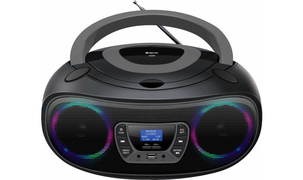 Radioodtwarzacz DENVER TDB-212GR boombox radio DAB+ FM Bluetooth CD MP3, Radioodtwarzacz od frontu na białym tle