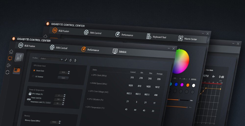 Karta graficzna GIGABYTE Aorus Radeon RX 9070 XT Elite 16GB Zrzut ekranu z oprogramowania GIGABYTE CONTROL CENTER, prezentujący panele do kontroli taktowania GPU, kolorów RGB, prędkości wentylatorów i parametrów pracy, aplikacja, ustawienia, narzędzia