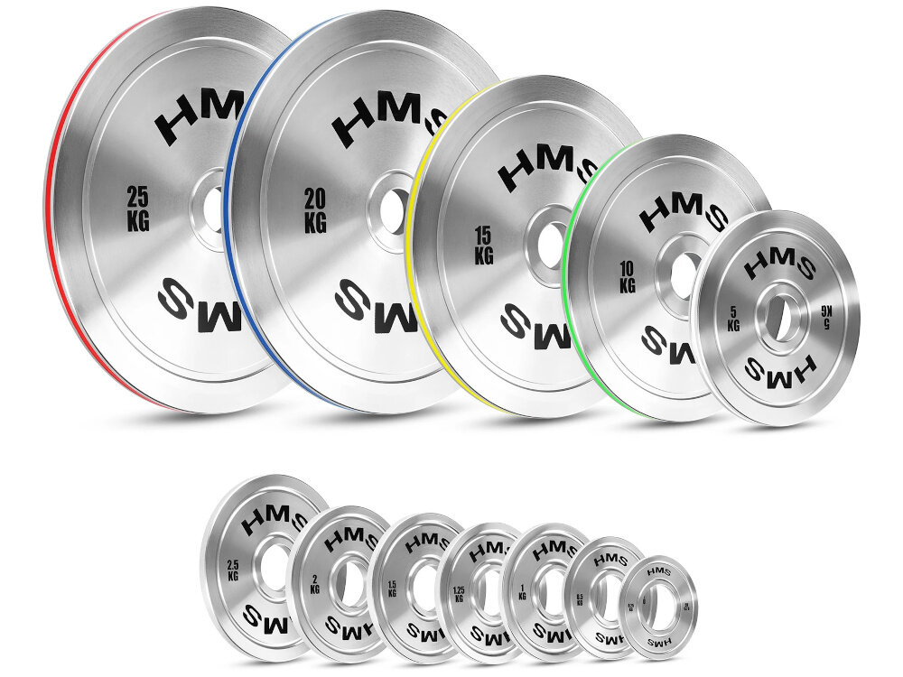 Obciążenie HMS TOS05 (0.25 kg) zestaw obciążeń ustawionych jedno obok drugiego w dwóch rzędach białe tło precyzyjne, stalowe obciążenie olimpijskie dla zaawansowanych zawodników w klubach fitness odporność na intensywne użytkowanie wspiera profesjonalne przygotowanie