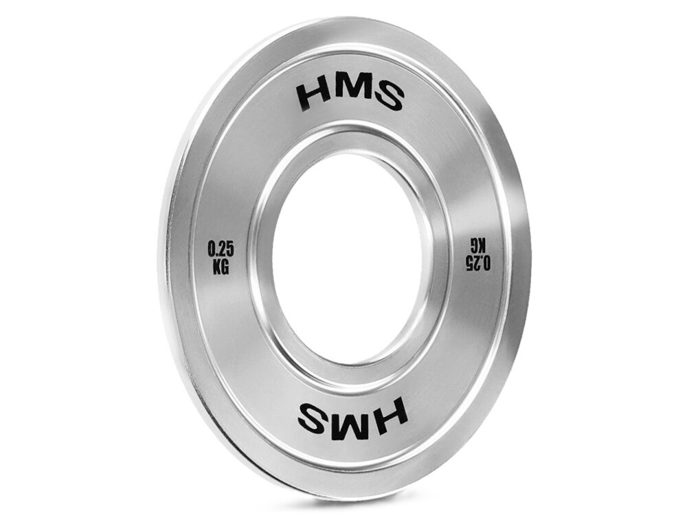 Obciążenie HMS TOS02 (0.25 kg) obciążenie na białym tle widoczne od przodu pod skosem o grubości 5 mm i średnicy zewnętrznej 116 mm smukła konstrukcję ułatwia to planowanie progresji i pracę z większymi ciężarami