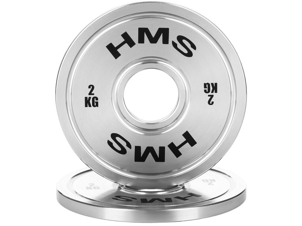 Obciążenie HMS TOS20 (2 kg) obciążenie na białym tle widoczne od przodu ustawione na drugim obciążeniu obciążenie olimpijskie o masie 2 kg wspiera precyzyjne budowanie siły i techniki stopniowe zwiększanie obciążenia bez gwałtownych przeskoków ułatwia kontrolę postępów i zmniejsza ryzyko przeciążenia