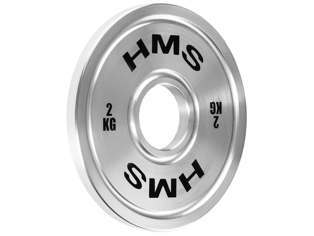 Obciążenie HMS TOS20 (2 kg) obciążenie na białym tle widoczne od przodu pod skosem o grubości 12 mm i średnicy zewnętrznej 177 mm smukła konstrukcję ułatwia to planowanie progresji i pracę z większymi ciężarami