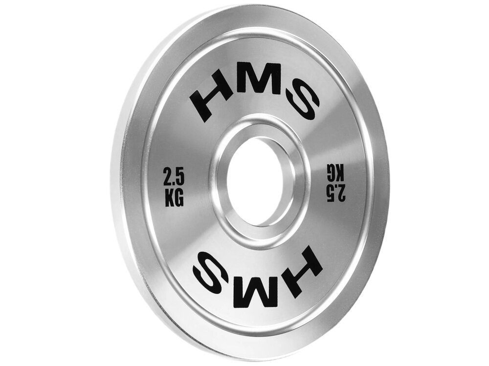 Obciążenie HMS TOS25 (2,5 kg) obciążenie na białym tle widoczne od przodu pod skosem o grubości 12 mm i średnicy zewnętrznej 207 mm smukła konstrukcję ułatwia to planowanie progresji i pracę z większymi ciężarami