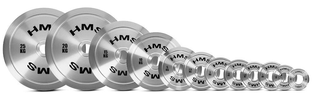 Obciążenie HMS TOS25 (2,5 kg) zestaw obciążeń ustawionych jedno obok drugiego białe tło dostępność szerokiego zakresu wag od 0,25 do 25 kg elastyczne dopasowanie obciążenia do poziomu zaawansowania pomagają w precyzyjnej progresji kontrola nad rozwojem siły
