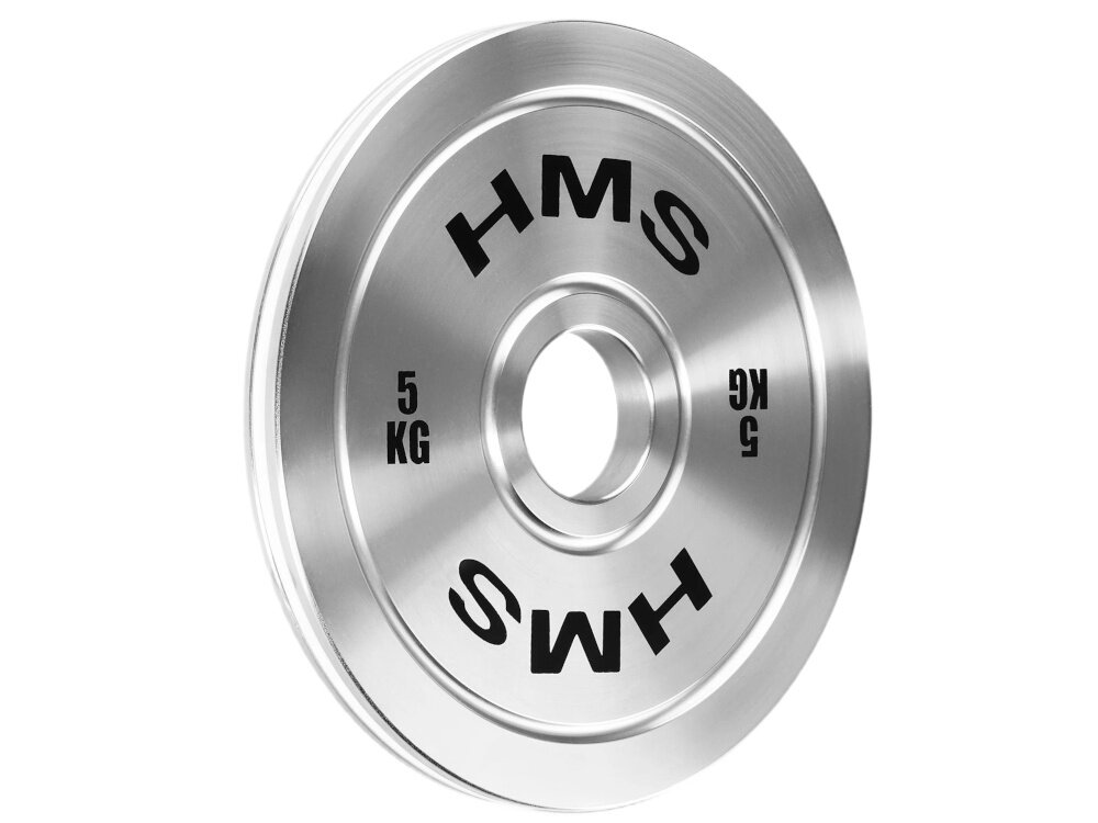 Obciążenie HMS TOS50 (5 kg) obciążenie na białym tle widoczne od przodu pod skosem o grubości 17 mm i średnicy zewnętrznej 237 mm smukła konstrukcję ułatwia to planowanie progresji i pracę z większymi ciężarami