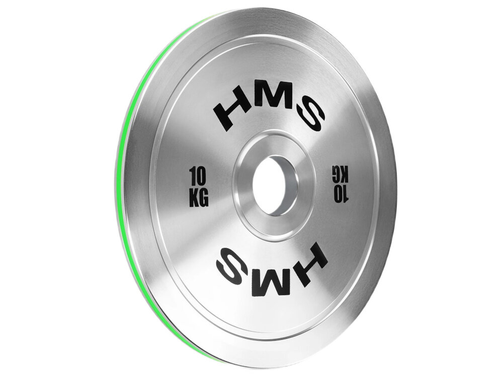 Obciążenie HMS TOS150 (15 kg) obciążenie na białym tle widoczne od przodu pod skosem o grubości 19 mm i średnicy zewnętrznej 372 mm smukła konstrukcję ułatwia to planowanie progresji i pracę z większymi ciężarami