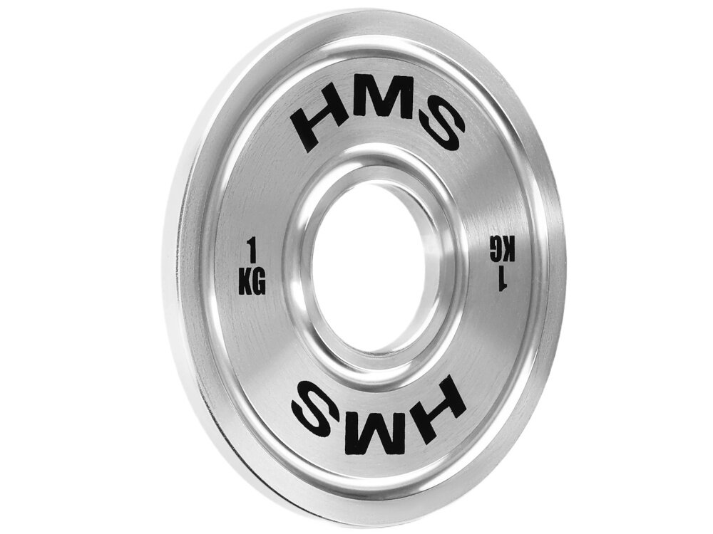 Obciążenie HMS TOS10 (1 kg) obciążenie na białym tle widoczne od przodu pod skosem o grubości 9 mm i średnicy zewnętrznej 156 mm smukła konstrukcję ułatwia to planowanie progresji i pracę z większymi ciężarami