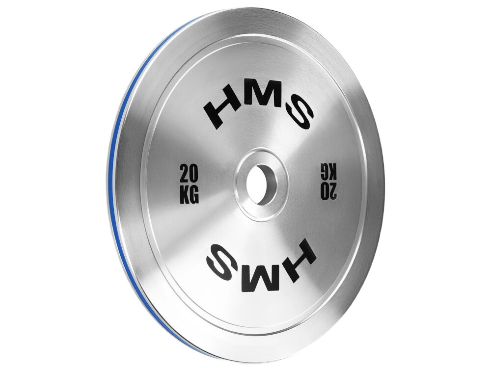 Obciążenie HMS TOS200 (20 kg) obciążenie na białym tle widoczne od przodu pod skosem o grubości 19 mm i średnicy zewnętrznej 450 mm smukła konstrukcję ułatwia to planowanie progresji i pracę z większymi ciężarami