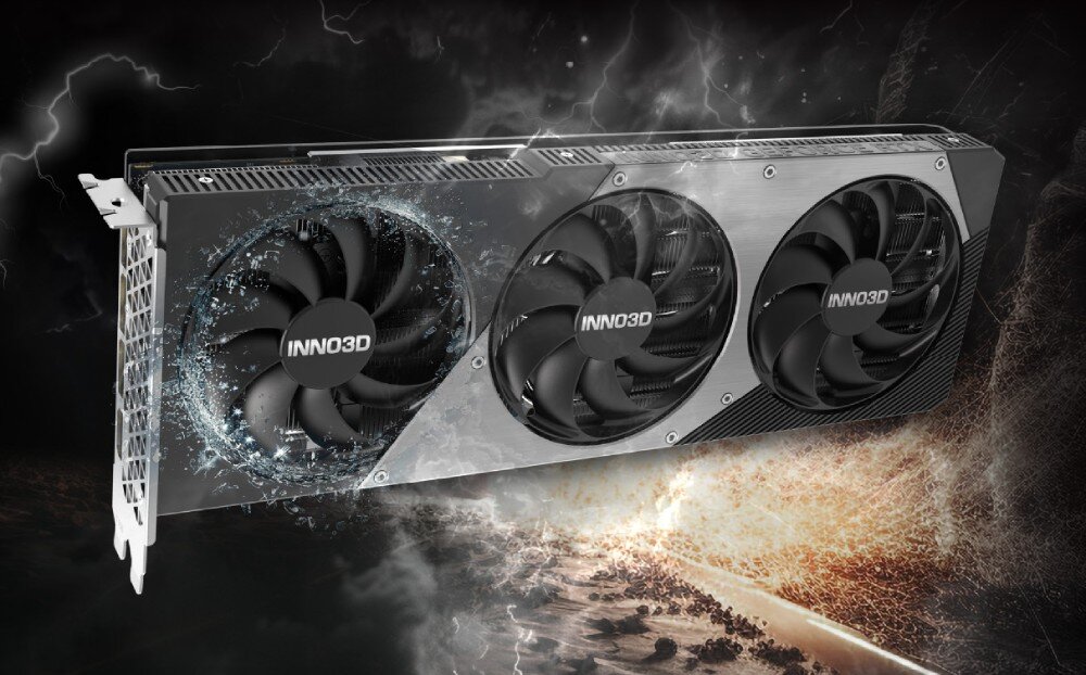 Karta graficzna INNO3D GeForce RTX 5070 X3 12GB Karta graficzna z trzema dużymi wentylatorami na tle ciemnego, dynamicznego tła z błyskawicami i rozbłyskami, opis