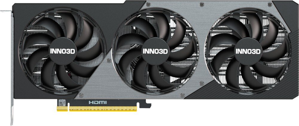 Karta graficzna INNO3D GeForce RTX 5070 X3 12GB Widok z przodu na kartę graficzną z trzema dużymi wentylatorami umieszczonymi symetrycznie w czarno-srebrnej obudowie, wentylatory, chłodzenie