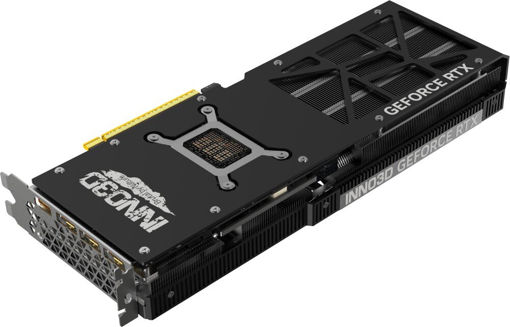 Karta graficzna INNO3D GeForce RTX 5070 X3 12GB Widok od tyłu na kartę graficzną z metalowym backplate'em i otworami wentylacyjnymi, z widocznymi portami i złączem PCIe, metalowy backplate, konstrukcja