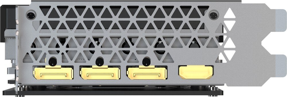 Karta graficzna INNO3D GeForce RTX 5070 X3 12GB Panel z wyjściami wideo karty graficznej z trzema portami DisplayPort i jednym portem HDMI, otoczony metalową siatką wentylacyjną, wyjścia, porty, rozdzielczość