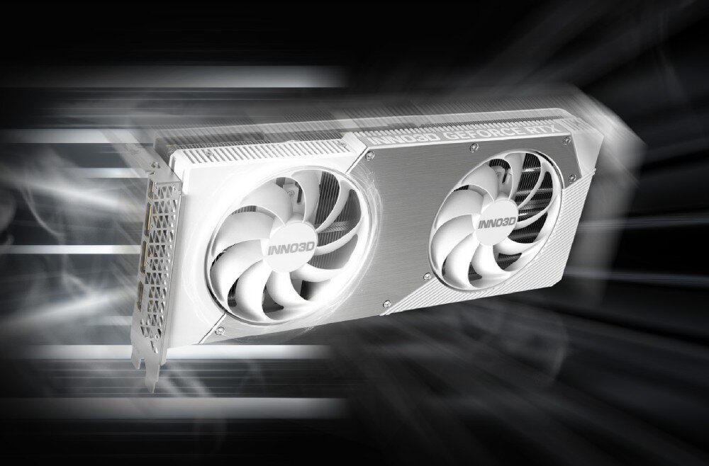 Karta graficzna INNO3D GeForce RTX 5070 Twin X2 12GB Grafika karty graficznej z podświetleniem efektu ognia wokół wentylatorów, na tle dynamicznej, fioletowo-pomarańczowej kompozycji, opis
