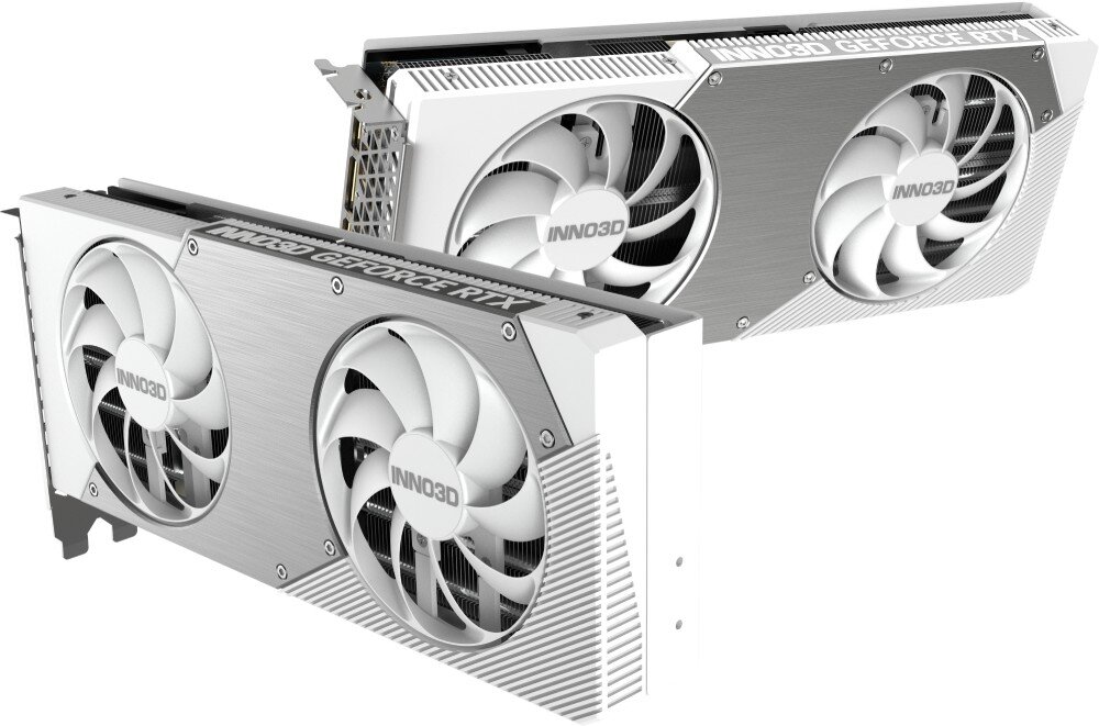 Karta graficzna INNO3D GeForce RTX 5070 Twin X2 12GB Dwie karty graficzne z serii Inno3D, ustawione pod kątem; widoczne dwa wentylatory na każdej z nich oraz metaliczne wykończenie z napisem 'INNO3D GEFORCE RTX', architektura, technologie, rdzenie CUDA, pamięć VRAM