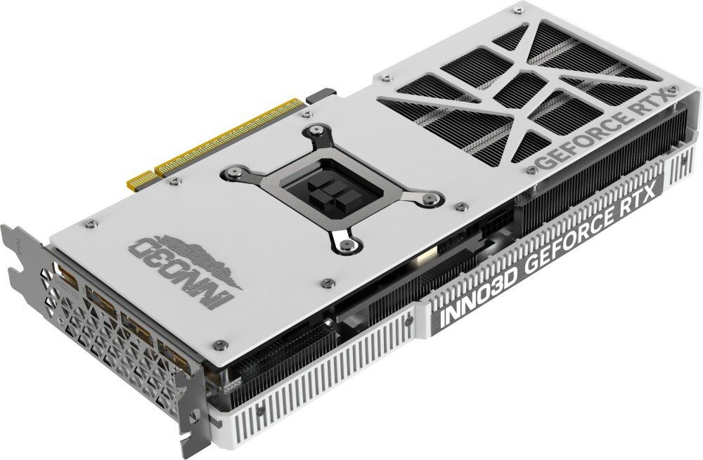 Karta graficzna INNO3D GeForce RTX 5070 Twin X2 12GB Tył karty graficznej z metalowym backplate, widoczne logo 'INNO3D' i oznaczenia 'GEFORCE RTX', a także system chłodzenia z przewiewnymi otworami, taktowanie, magistrala, interfejs