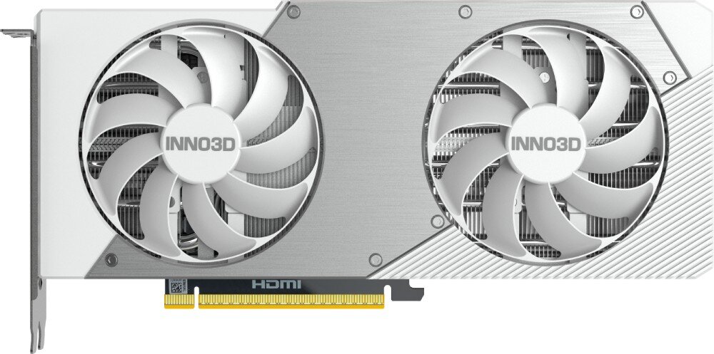 Karta graficzna INNO3D GeForce RTX 5070 Twin X2 12GB Widok z przodu na kartę graficzną z dwoma dużymi wentylatorami i gniazdem PCIe na spodzie, na osłonie widoczne logo 'INNO3D', wielkość, format, wentylatory, chłodzenie
