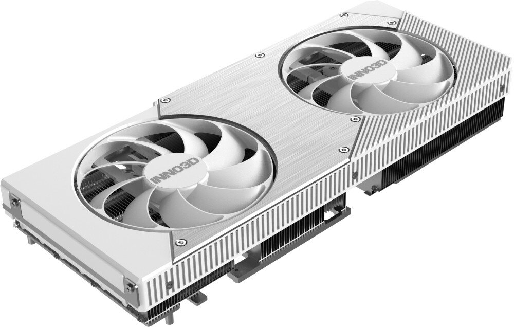 Karta graficzna INNO3D GeForce RTX 5070 Twin X2 12GB Karta graficzna widziana pod kątem z góry, prezentująca dwa wentylatory, aluminiową osłonę i boczne wloty powietrza, łopatki, głośność