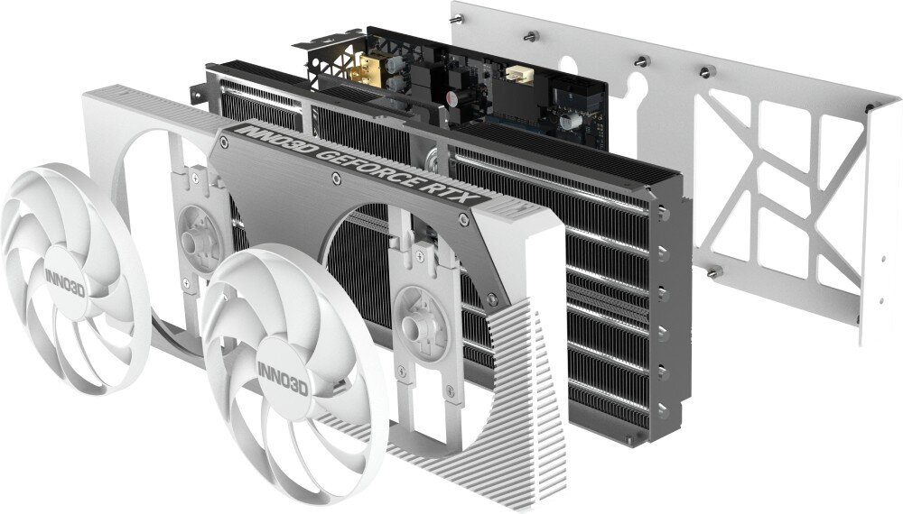 Karta graficzna INNO3D GeForce RTX 5070 Twin X2 12GB Rozłożony widok karty graficznej na części: dwa wentylatory, radiator z gęstymi finami, aluminiowa osłona z logo i tylny backplate, backplate, konstrukcja, standard SFF