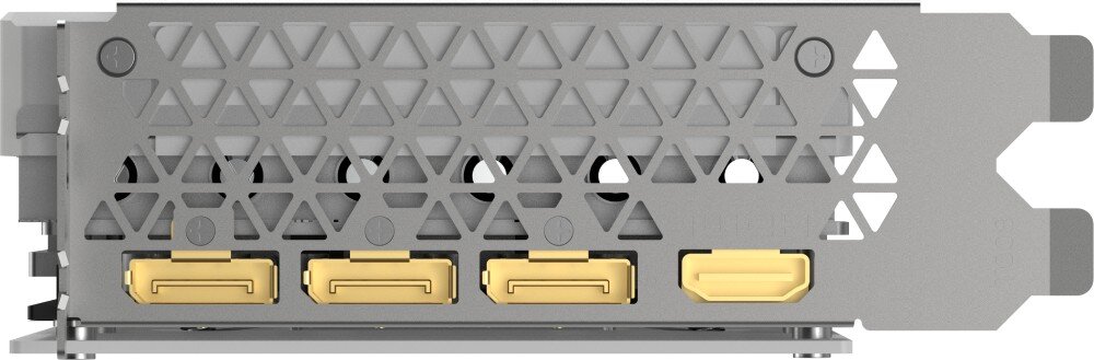 Karta graficzna INNO3D GeForce RTX 5070 Twin X2 12GB Panel wyjściowy karty graficznej z trzema portami DisplayPort i jednym portem HDMI, otoczony perforowaną maskownicą dla wentylacji, wyjścia, porty, rozdzielczość