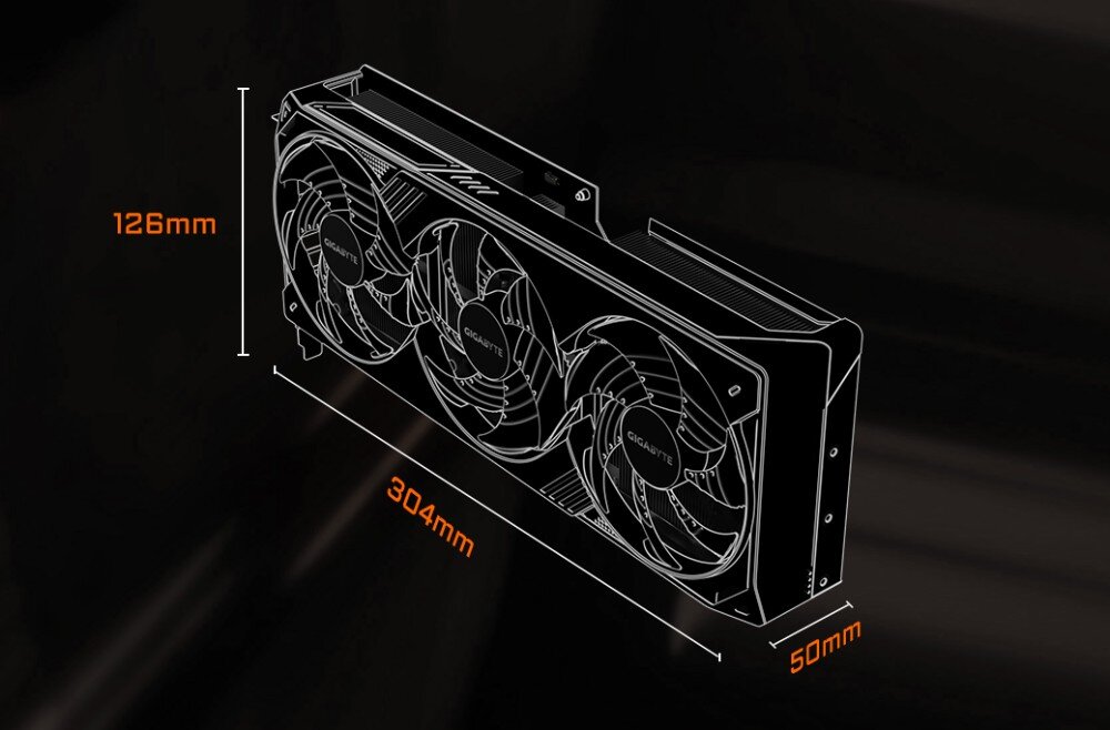 Karta graficzna GIGABYTE GeForce RTX 5080 Windforce SFF 16GB Schemat karty graficznej z trzema wentylatorami oraz wymiarami: szerokość 304 mm, wysokość 126 mm, grubość 50 mm, konstrukcja, wielkość, uchwyt VGA, backplate