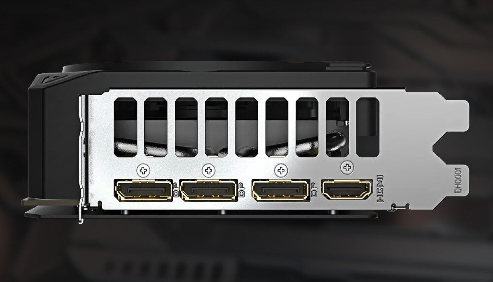 Karta graficzna GIGABYTE GeForce RTX 5080 Windforce SFF 16GB Fragment tylnego panelu karty graficznej z czterema portami wideo: trzema DisplayPort oraz jednym HDMI, porty, rozdzielczość