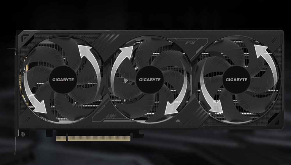 Karta graficzna GIGABYTE GeForce RTX 5070 Ti Windforce SFF 16GB DLSS 4 Ilustracja działania wentylatorów z zaznaczonym ruchem powietrza. Strzałki wskazują kierunek obrotu, co podkreśla technologię naprzemiennego obracania, poprawiającą przepływ powietrza i wydajność chłodzenia