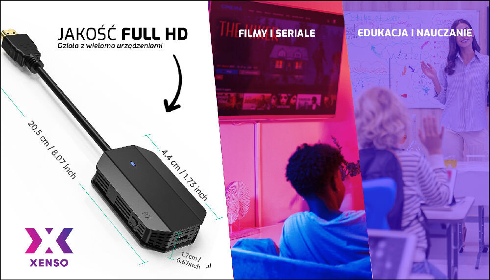 Transmiter HDMI XENSO HW99 - Obraz w jakości Full HD, transmiter, dziecko na lekcji , nauczycielka stojąca przy tablicy, telewizor zawieszony na ścianie