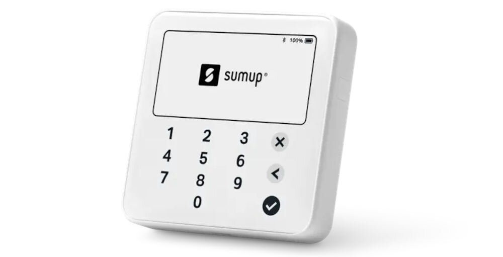 Terminal płatniczy SUMUP Solo Lite Bluetooth urządzenie pod kątem na białym tle Bluetooth brak potrzeby stosowania przewodów mobilność