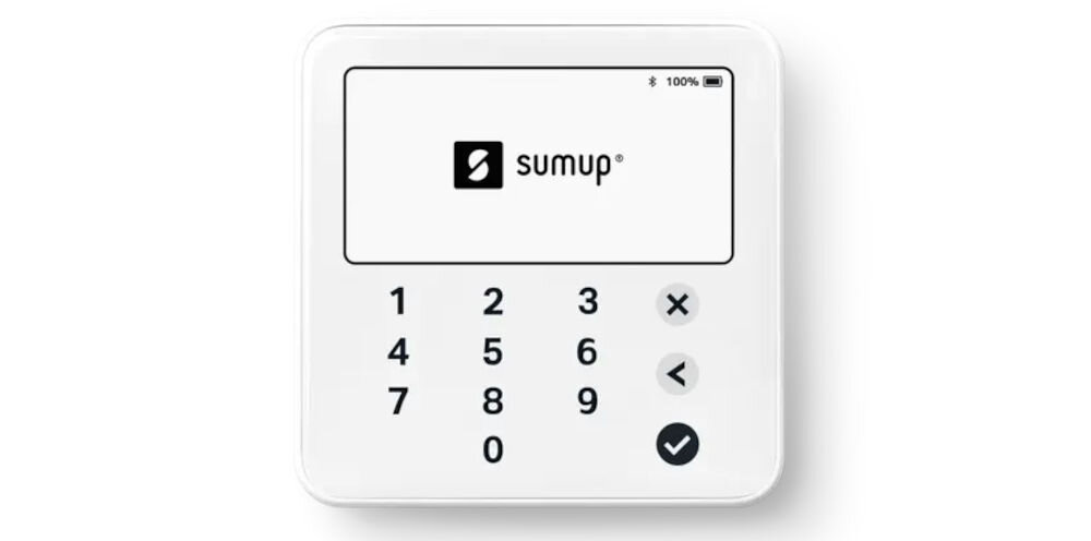 Terminal płatniczy SUMUP Solo Lite Bluetooth urządzenie od przodu na białym tle aplikacja mobilna SumUp dostęp do raportów historii zwroty potwierdzenia zaplecze sprzedażowe