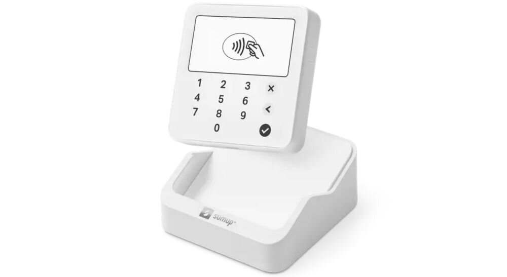 Terminal płatniczy SUMUP Solo Lite Bundle Bluetooth prezentacja terminala i stacji ładowania na białym tle chronione dane klientów szyfrowanie SSL PCI DSS bezpieczeństwo poufność