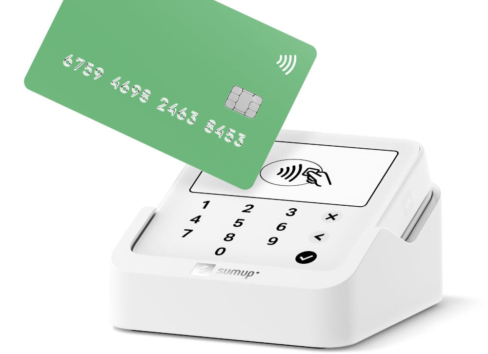 Terminal płatniczy SUMUP Solo Lite Bundle Bluetooth karta przyłożona do terminala na białym tle obudowa odporna na codzienne użytkowanie Corning® Gorilla® Glass odporność na zarysowania