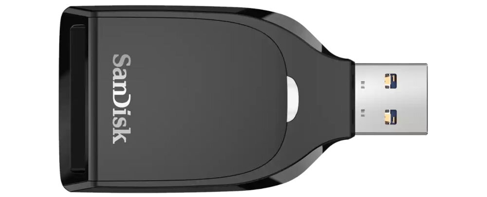 Czytnik kart SANDISK QuickFlow USB-A Czarny prezentacja czytnika na białym tle przepływ pracy fotografów i filmowców redukcja czasu transferu dużych plików płynne przejście od nagrania do edycji