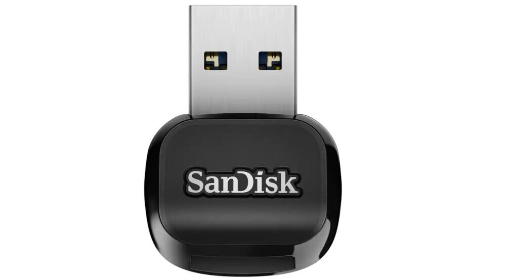 Czytnik kart SANDISK QuickFlow Czarny prezentacja czytnika na białym tle transfer do 250 MB/s i 150 MB/s szybkie przenoszenie danych skraca czas transferu 4K UHD RAW