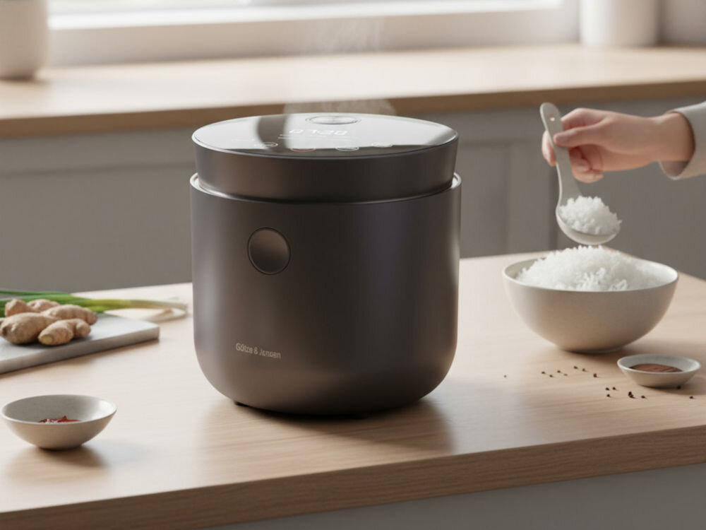 Ryżowar GÖTZE & JENSEN RC500K Ryżowar GÖTZE & JENSEN na drewnianym blacie. Obok ryżowaru znajduje się miseczka ugotowanego ryżu, do której dłoń nasypuje kolejną porcję. W tle imbir i szczypiorek.