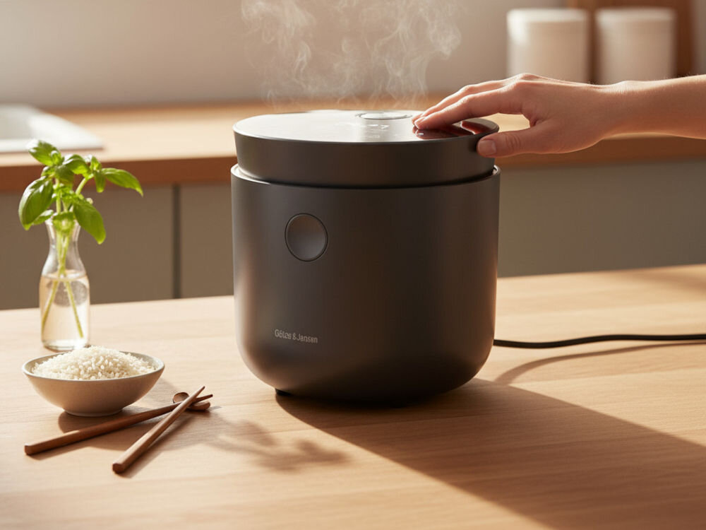 Ryżowar GÖTZE & JENSEN RC500K Zbliżenie na ryżowar GÖTZE & JENSEN, z którego unosi się para. Dłoń dotyka panelu sterowania na pokrywie. Obok miseczka nieugotowanego ryżu i świeża bazylia.
