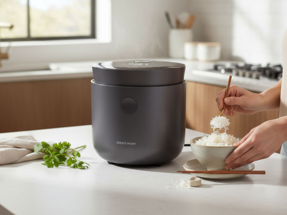 Ryżowar GÖTZE & JENSEN RC500K Dwie dłonie używają pałeczek do podnoszenia ryżu z miseczki, obok gotującego ryżowaru GÖTZE & JENSEN. Na blacie świeża kolendra.