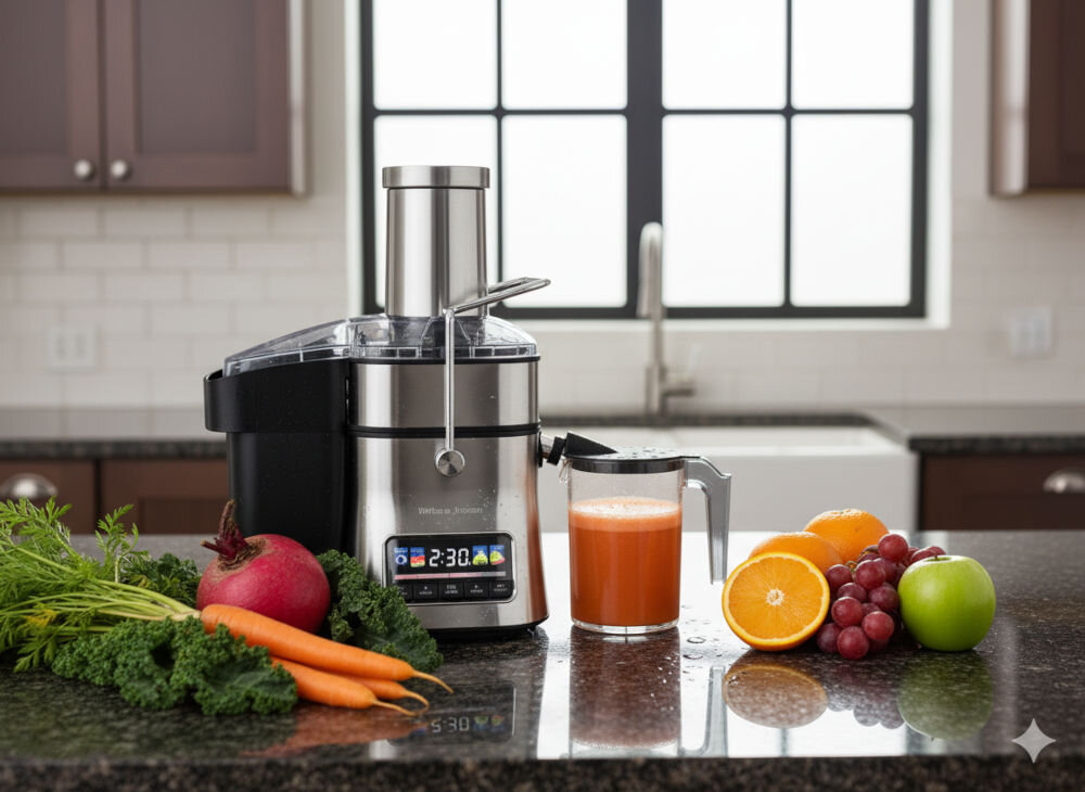 Sokowirówka GÖTZE & JENSEN JM800X z wyświetlaczem LED i szerokim otworem wsadowym 84 mm do szybkiego wyciskania soków